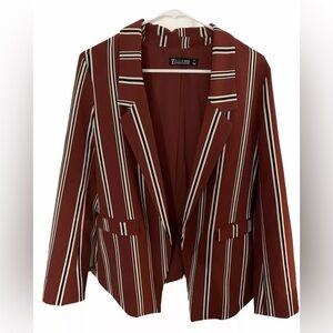 New York And Company Red Blazer Women's M Orange Striped‎ Lightweight Office✅